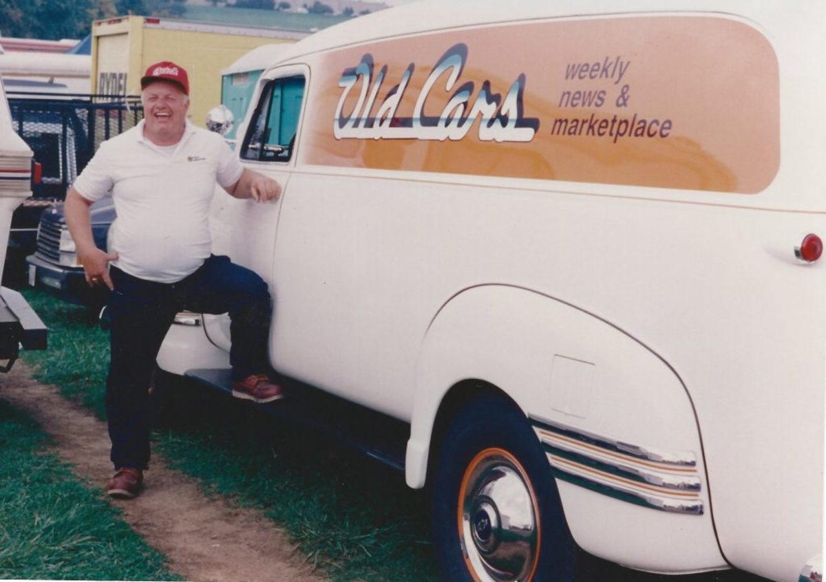 Kenny Buttolph with the Old Cars Weekly 1954 Chevrolet panel truck nicknamed "Buck" for its Buckskin color. Chet told Kenny to paint the truck white, like every other company vehicle, but Kenny knew it would look horrible in that color, so he picked this off-white color. He saved his job, and the appearance of the truck, even if Chet ended up cussing him out over the color choice.