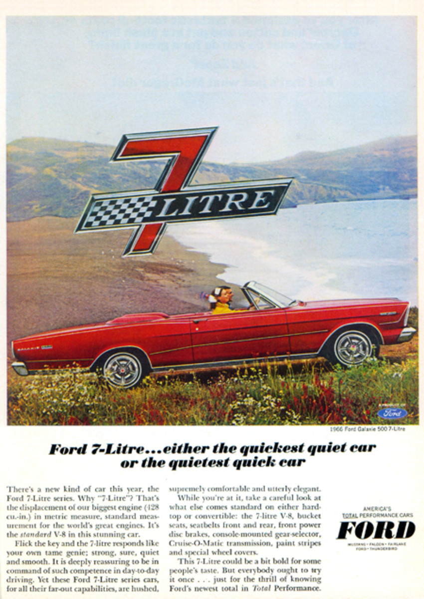  Ford advertised its new Galaxie 500 7-Litre as the “smoothest brute on wheels.” Other slogans said either it was, “the quickest quiet car or the quietest quick car.” It was all aimed at a market niche wanting luxury combined with some sports car attributes.