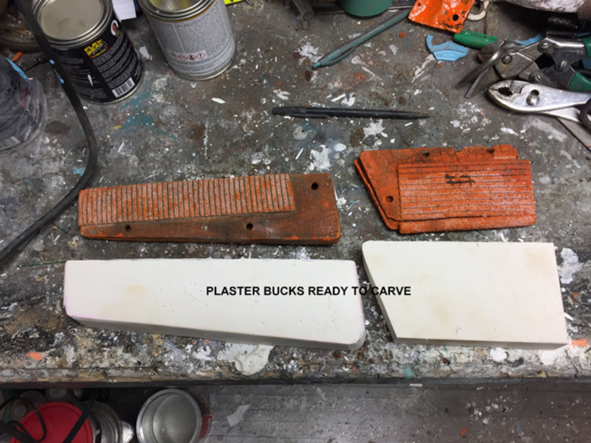  The weathered original gas and brake pedal rubber parts (top) and the plaster bucks that would be carved to replicate the originals (bottom).