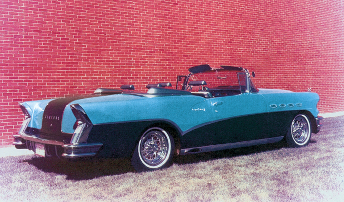  A Bill Mitchell touch to his 1956 Buick Century X is the side-exiting exhaust routed through the rocker panels, which have been finished with trim that would make a customizer drool. For the exhaust to function, holes were cut in the frame and a plate was riveted around the hole for strength. (Don Mayton collection)