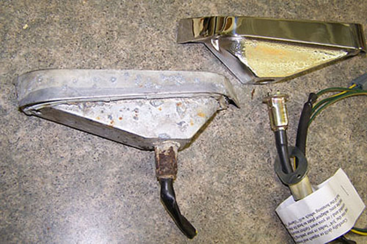  The manner in which the turn signal housings and wiring originally mounted in this car allowed the parts to corrode together (left). Also, replating the housing reduced the size of the opening for the bulb and wiring to be re-installed, so the wiring harness producer offered a solution of flexible clips to hold the bulb in place (right).
