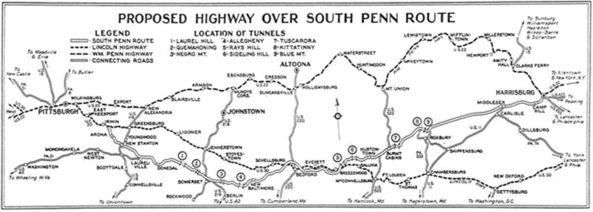 This early proposal for the Pennsylvania Turnpike utilized all nine of the abandoned South Penn R.R. tunnels. The Negro Mountain and Quemahoning Tunnels were bypassed in the final version of the 160-mile route from Carlisle to Irwin. - PA Turnpike Commission