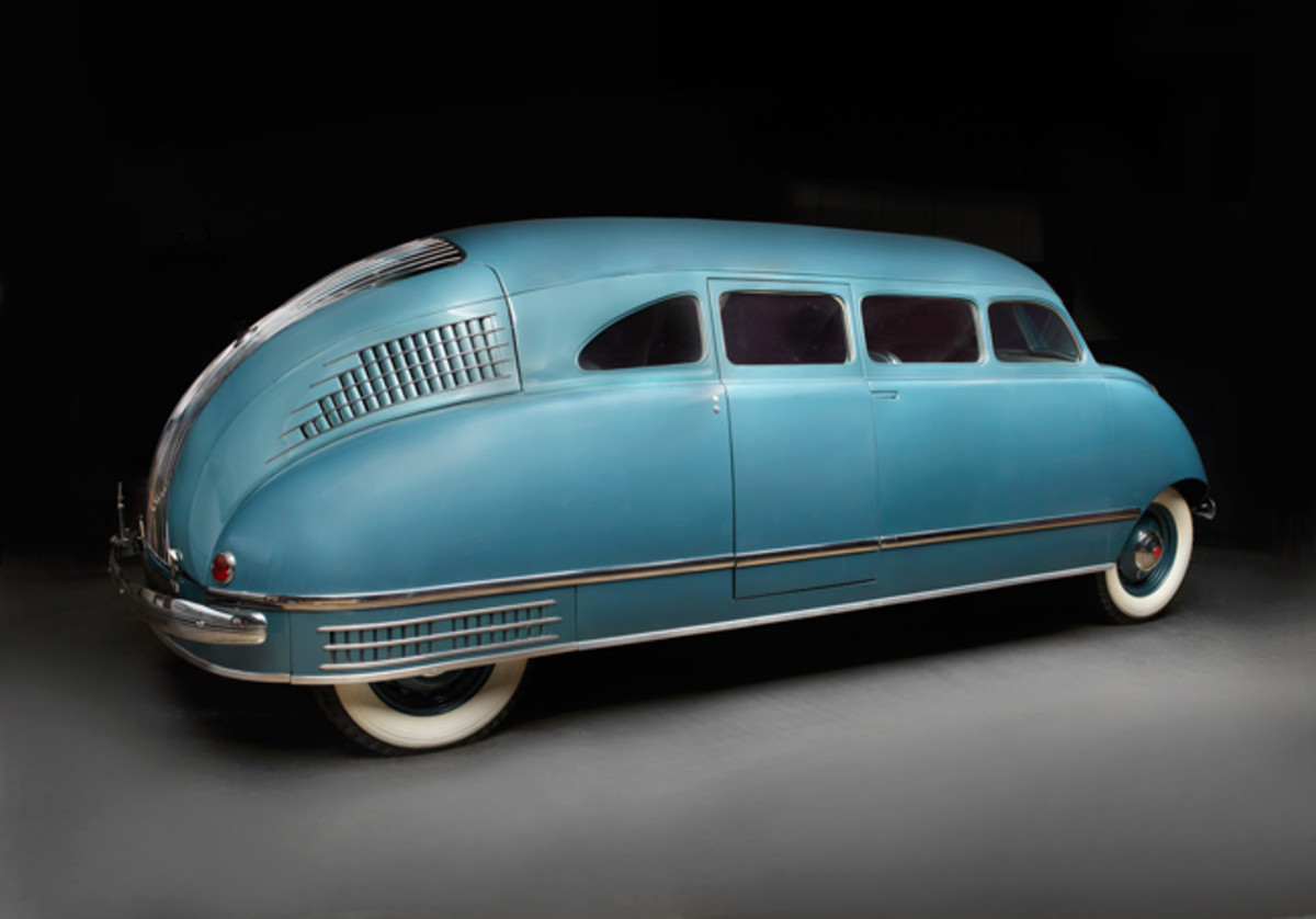  Stout Scarab Sedan, 1936. Photo: Peter Harholdt. (Courtesy of Ron Schneider)Aircraft designer William Bushnell Stout believed the use of lightweight, aircraft construction techniques could result in a streamlined, futuristic, faster and more economical car. He envisioned a startling shape—the result of a monocoque (unitized) chassis and body, with a rear-mounted powertrain. All four wheels were located at the corners of the vehicle, for a more spacious interior. The seats could be reconfigured; there was a folding table and a small divan. Stout’s Scarab anticipated the modern minivan.