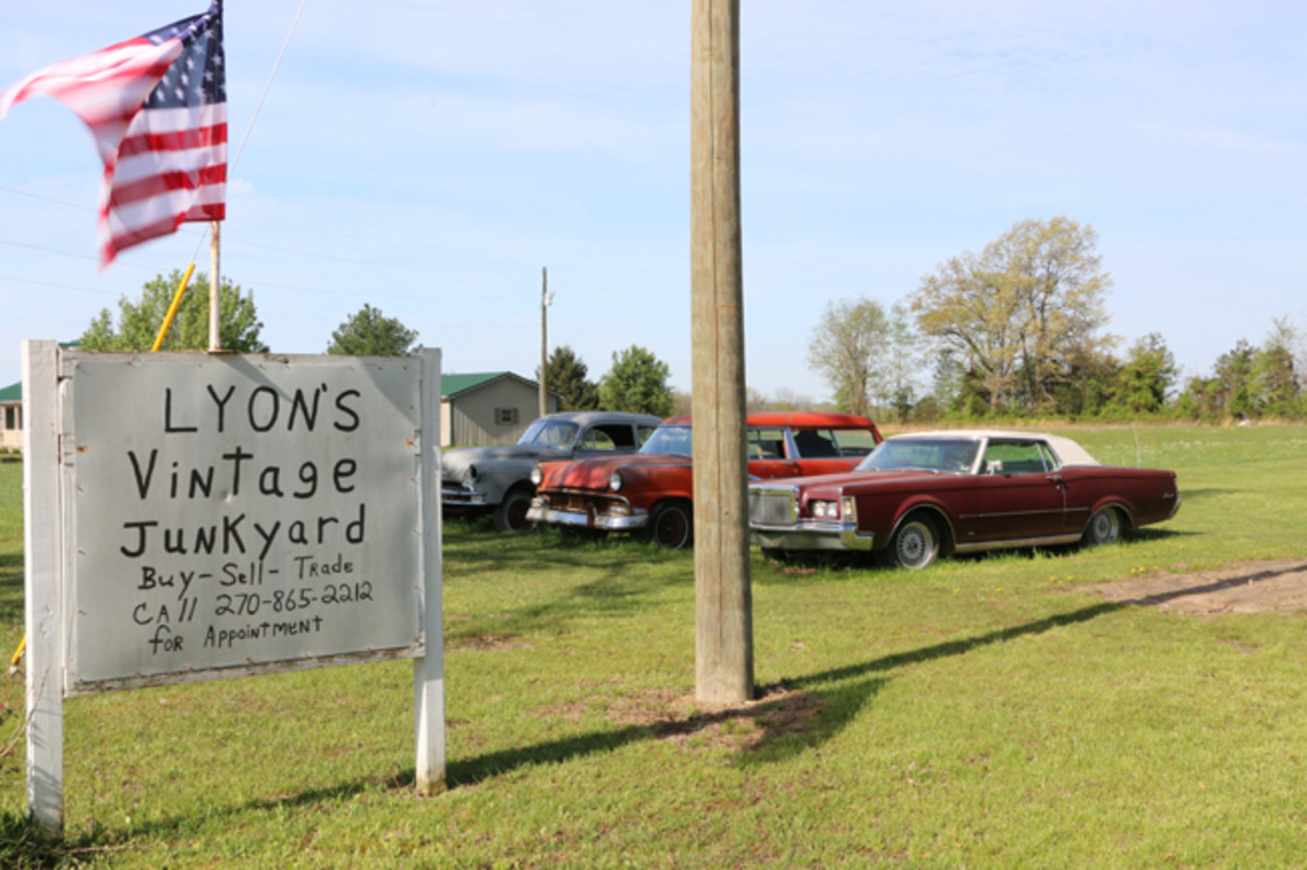  Lined up behind the entrance sign to Lyon’s Vintage Junkyard are three project cars for sale: a 1949 Pontiac two-door sedan, a 1956 Ford Parklane station wagon and a 1969 Lincoln Continental Mark III. The Pontiac and Parklane have sold since our visit.