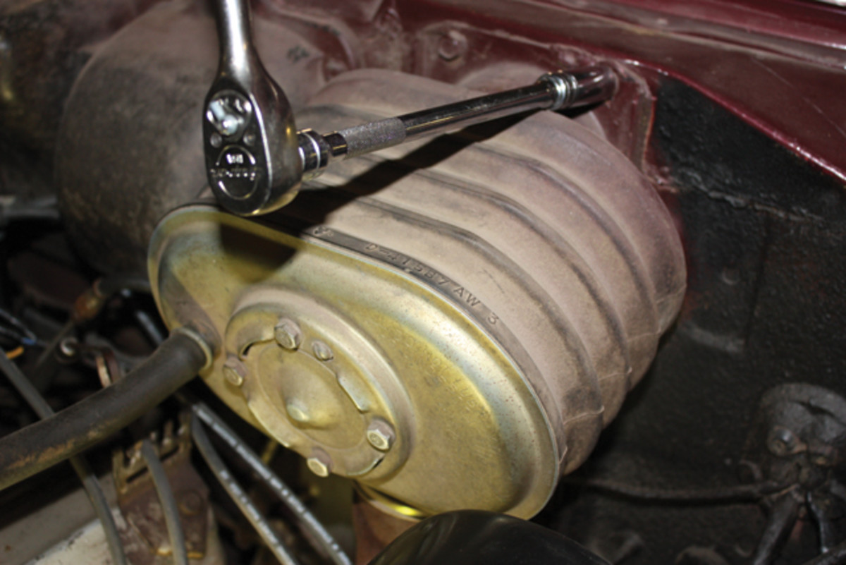 The original brake booster unit in this 1957 Chrysler Saratoga needed to be replaced. Inevitably, rubber pieces wear out through time, and a Mopar unit is basically a rubber accordion that moves back and forth as the brake pedal is used.