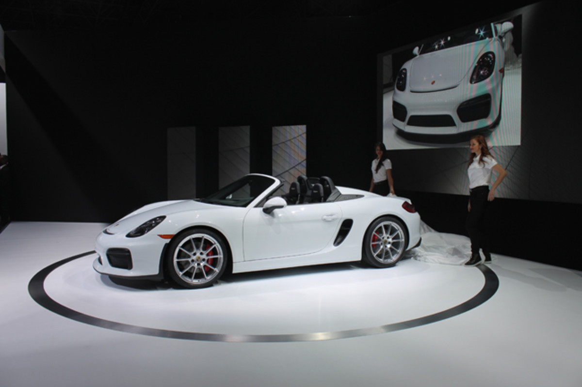 Porsche Cars North America President Detlev von Platen, premiering a new Boxster Spyder at the 2015 New York auto show, declared “the audio system is the exhaust and the A/C is the open roof” unless the two amenities were ordered as options. Standard kit at $82,100 includes a track-sized steering wheel, a lowered suspension and a weight-saving manual soft top so the 375 hp flat-six manages 0-60 in 4.3 seconds and a top speed of 180 mph. 