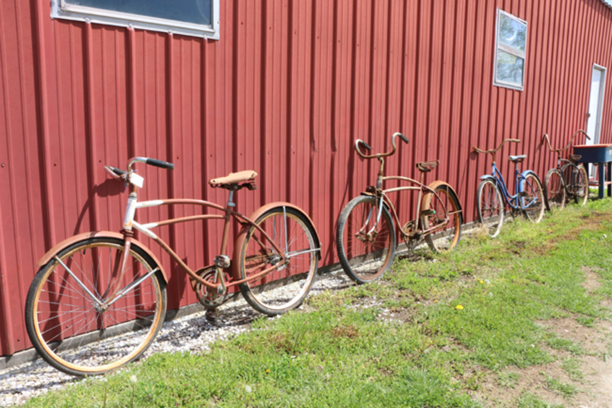  Lyon has accumulated a few old bicycles that are for sale. This lineup includes a couple of Schwinns and a Roadmaster.