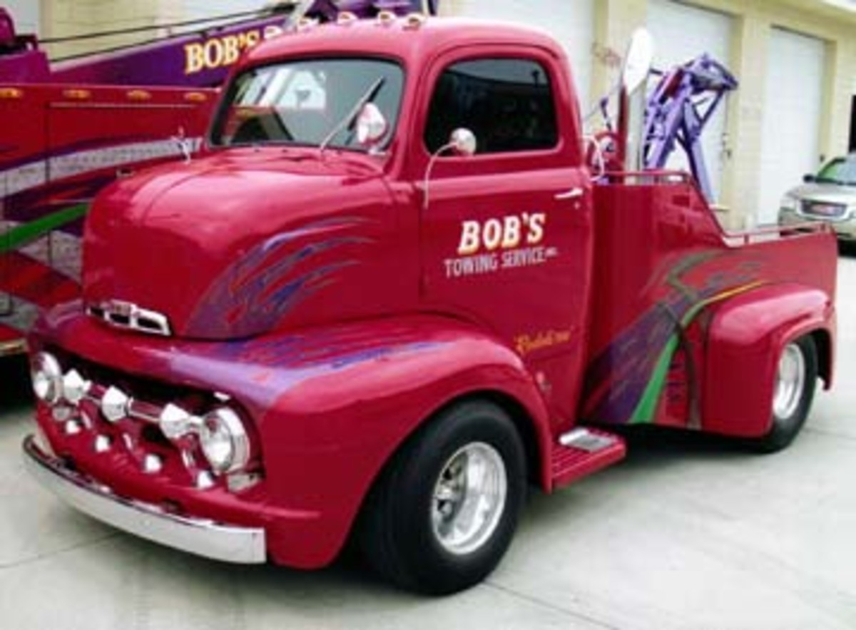 This ’51 Ford has been fitted with a tilting wrecker bed that can be raised. Powering the bright-red truck is a hopped-up Chevy 350 V-8.