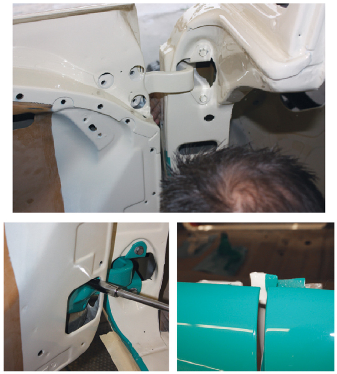 After the top hinge is set, the bottom hinge is installed in a similar fashion. The goal at this point it to hang the door slightly high in the back corner — at least 1/4 inch higher than flush with the top of the rear quarterpanel. The photo at right shows the two edges are even, meaning the door still needs to be adjusted. The weight of the door skin, glass, window regulator and other hardware will drop the door slightly and help even things up.