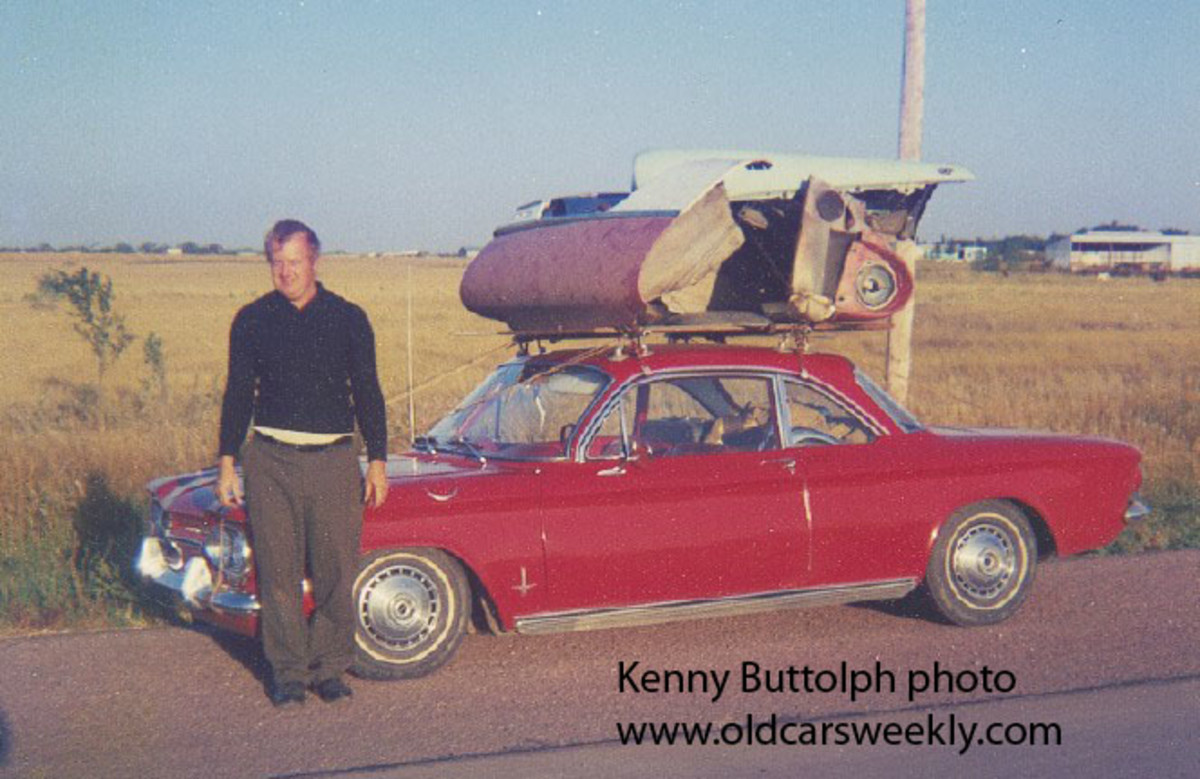 Kenny with his loaded-down 1963 Corvair coupe. He, a friend, and loads of parts fit in the car in the drive from Wisconsin to Oregon.