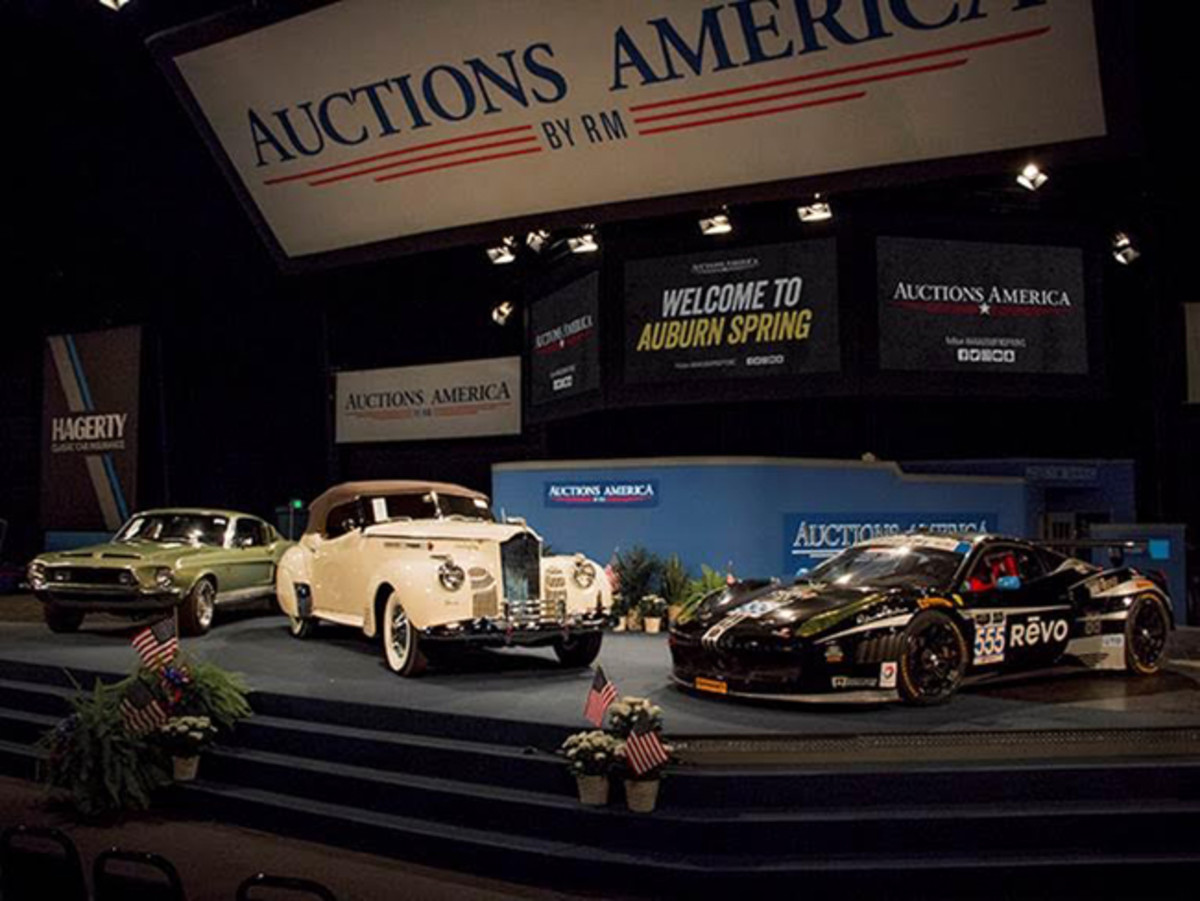  A snapshot of top sales at Auctions America’s 2017 Auburn Spring event, including the 1968 Shelby GT 500KR Fastback, the 1941 Packard One-Eighty Convertible Victoria, and the top-selling 2012 Ferrari 458 GTD Race Car.
