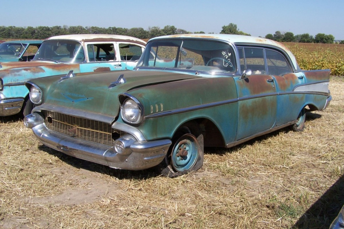 Gerald and Betty Hixson's 1957 Chevrolet Bel Air four-door hardtop pictured the day before the Lambrecht Collection auction on Sept. 28, 2013. The wheel covers and grille bar were in the truck, right where Gerald had hidden them decades earlier.