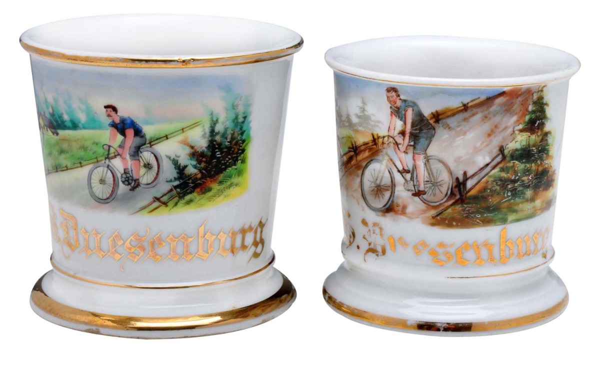 This pair of shaving mugs are believed to have been the property of Fred and Augie Duesenberg and depict the brothers in the era of their early bicycle interests. Note the misspelling of the brothers' names.