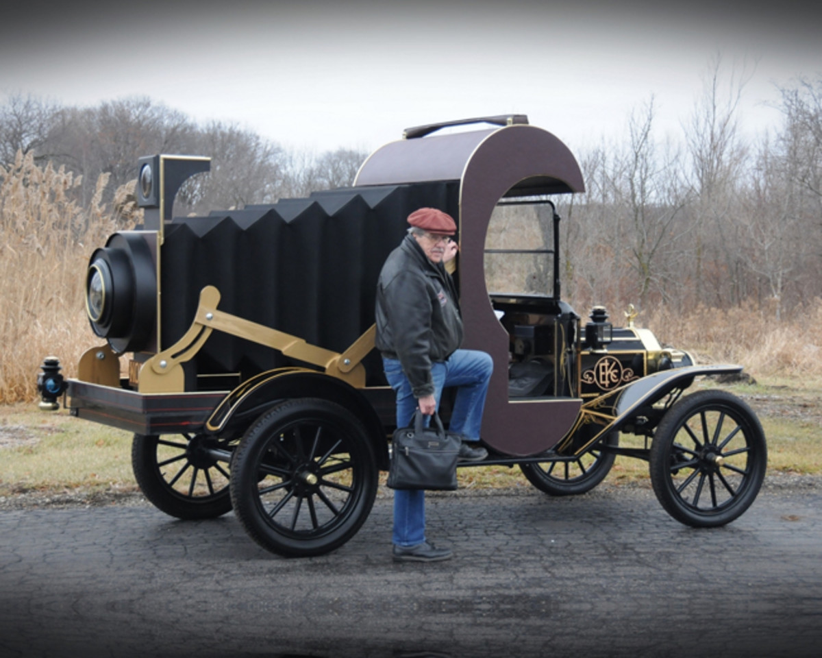  Bill Grams with a camera-shaped Model T Ford productmobile. (Rick Shultz photo