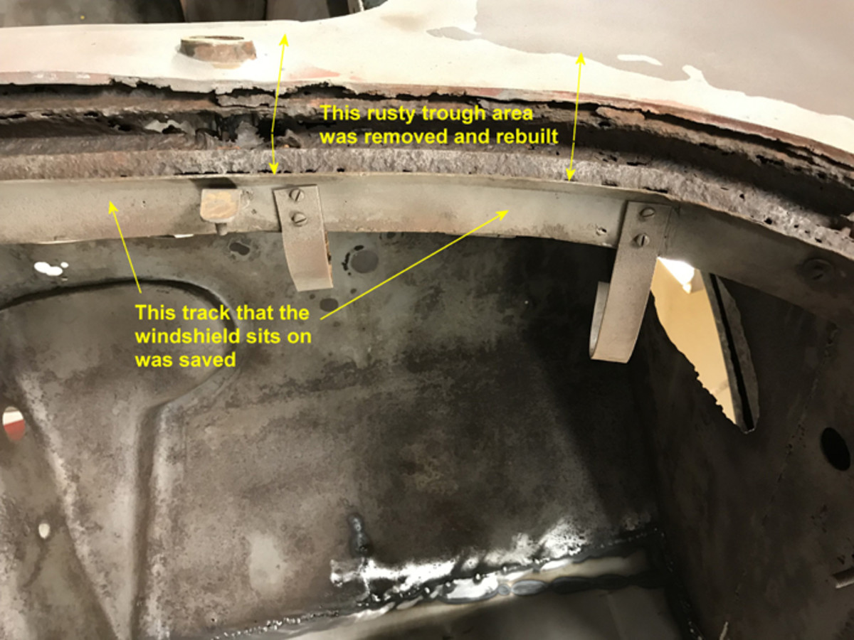I had to reconstruct all of the structure that supports the glass, windshield wiper motor and wiper arms. I also constructed a trough below it all with several drain tubes to prevent this area from rusting again.