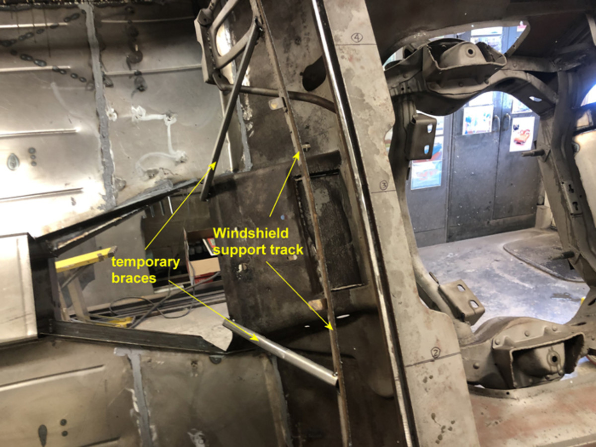 This picture shows the windshield area after the rusted part of the structure was cut away. I have a video of this area on my website www.tommaruskacars.us on the restoration page under “Videos.”