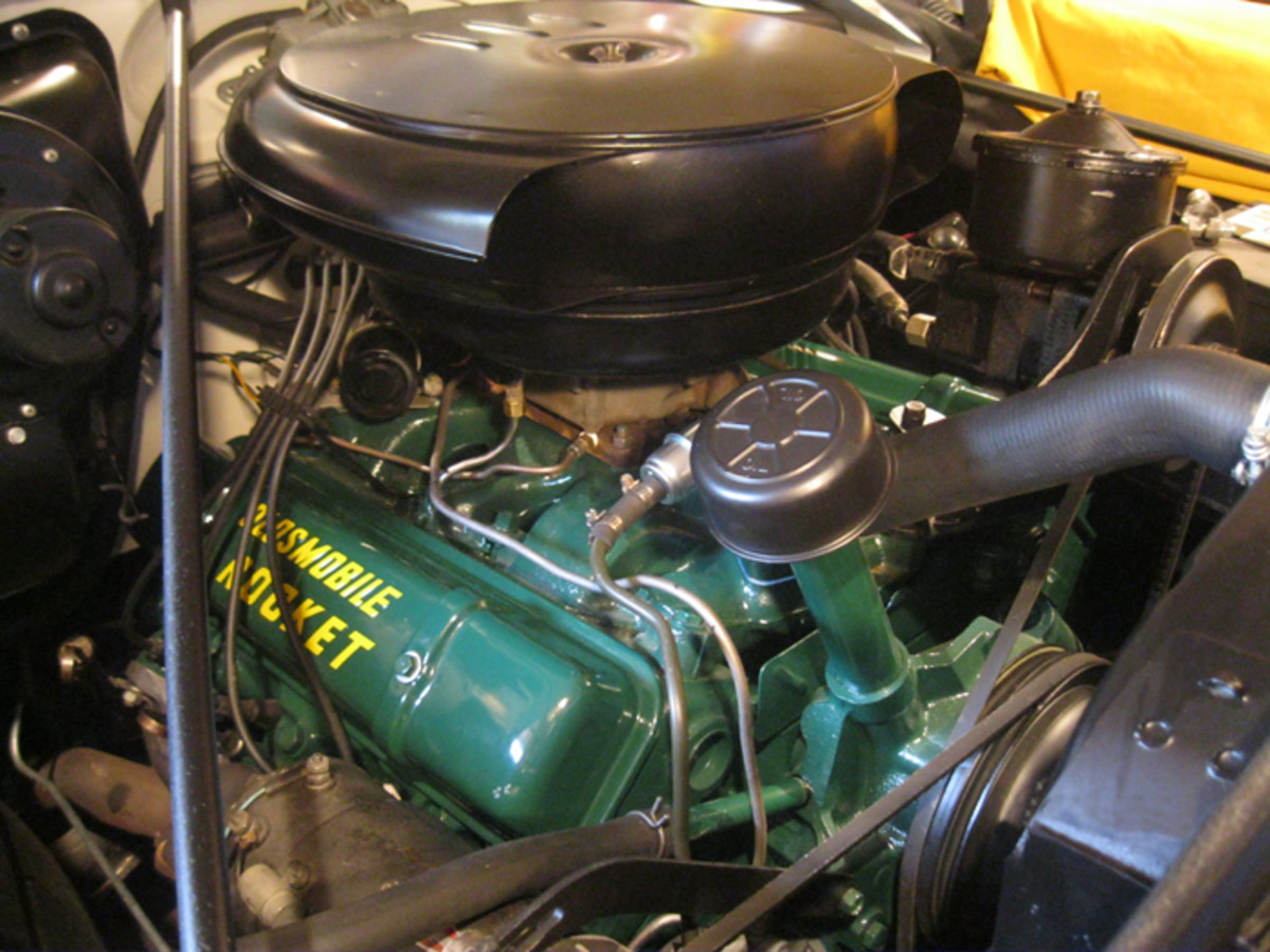 In 1954, the Super 88 and Ninety-Eight Oldsmobiles used a four-barrel version of the newly bored-out Rocket engine. That year, the engine displaced 324 cubic inches, up from the previous displacement of 303 cubic inches. The dual-snorkel air cleaner was exclusive to four-barrel-equipped 1954-’56 General Motors products from Oldsmobile and Cadillac.