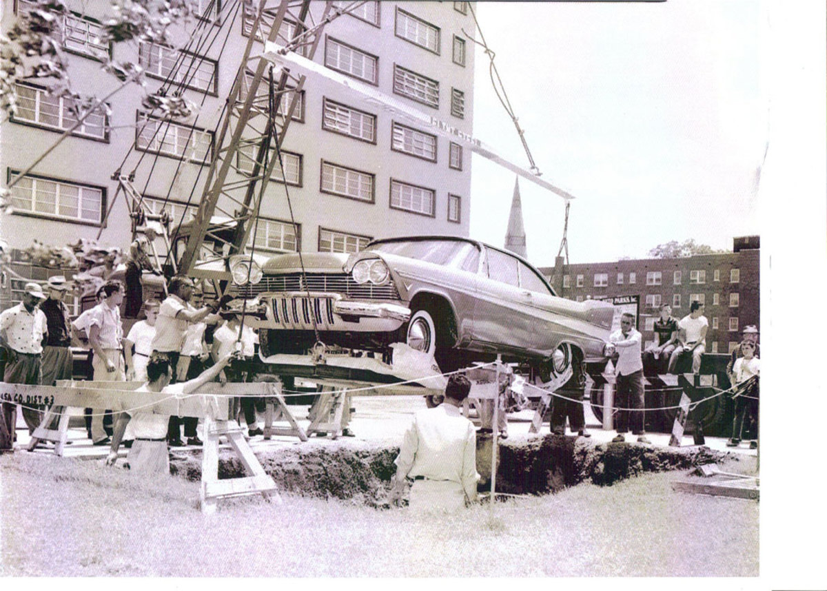 The Tulsarama Plymouth being lowered in the ground in 1957.