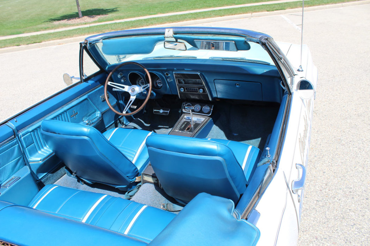 Most of the cars, including this one, carried the 350-cid V-8, and all were convertibles that wore white paint with blue interiors and special graphics. Dick Tarnutzer acquired this example back around 1980 from a Chevrolete dealer who never sold the car, but apparently let his wife drive it.