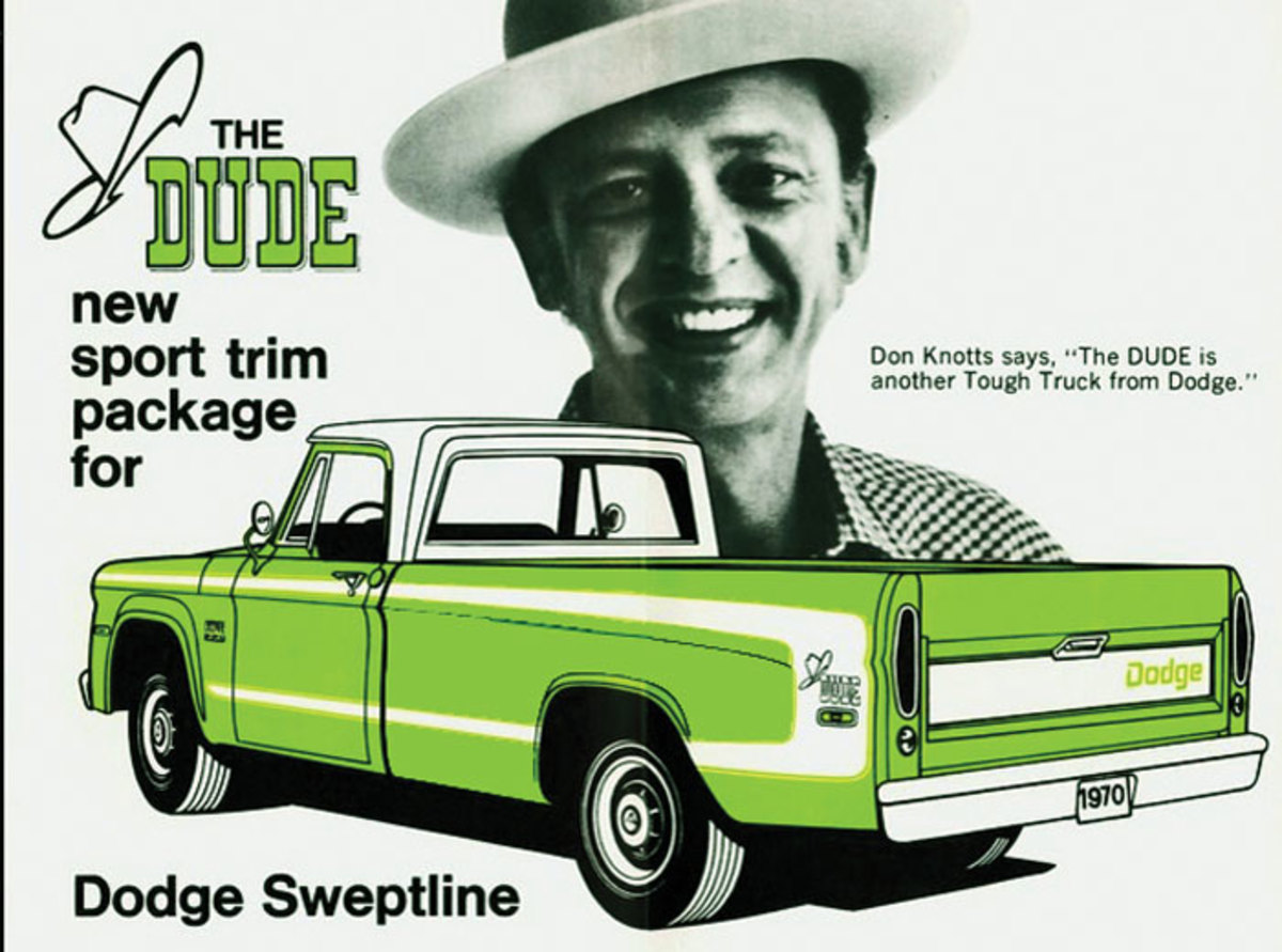 A 1970 Dodge Sweptline pickup truck sales brochure pictures the Dude with its C-shaped body stripes on High-Impact Sublime (green) body paint. Spokesman for the Dude that year was Don Knotts from the classic "Andy Griffith Show" TV program.
