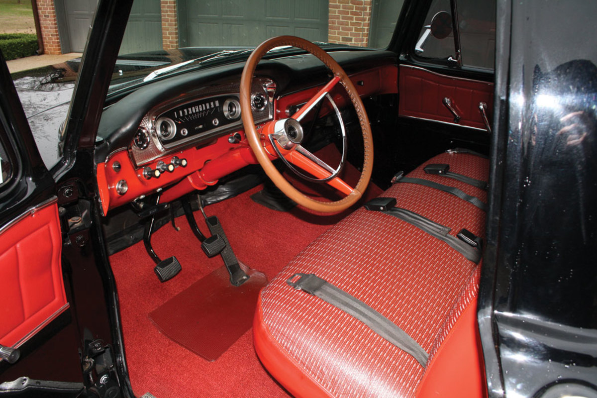 Among the extra-cost items with which this F-100 is equipped are seat belts, AM-radio, Custom Cab package and padded dash. The upholstery is original.