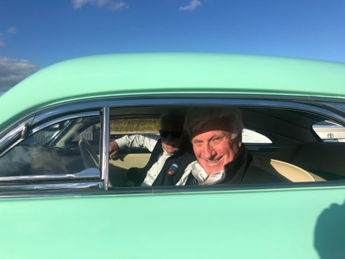Talk about a thrill, author Ken Gross drives the Hirohata Mercury with Wayne Carini, TV host of “Chasing Classic Cars.” With its powerful Cadillac V-8, boulevard ride and showstopping styling, cruising in the ultimate custom Merc is the stuff of dreams.