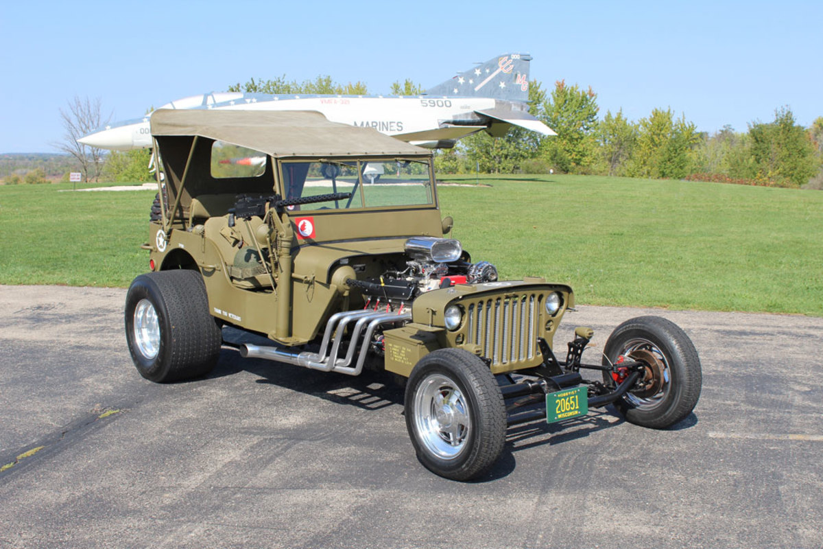 Joel Ponty and his father Mike had already restored three authentic military jeeps when they decided to try something wildly different. The original plan was to turn a 1946 CJ body into a hot rod, but they instead used a reproduction WWII jeep body. Motivation comes from a 5.3-liter LS motor from a Chevrolet Silverado. The Sanderson headers are straight from the classic T-bucket roadster playbook.