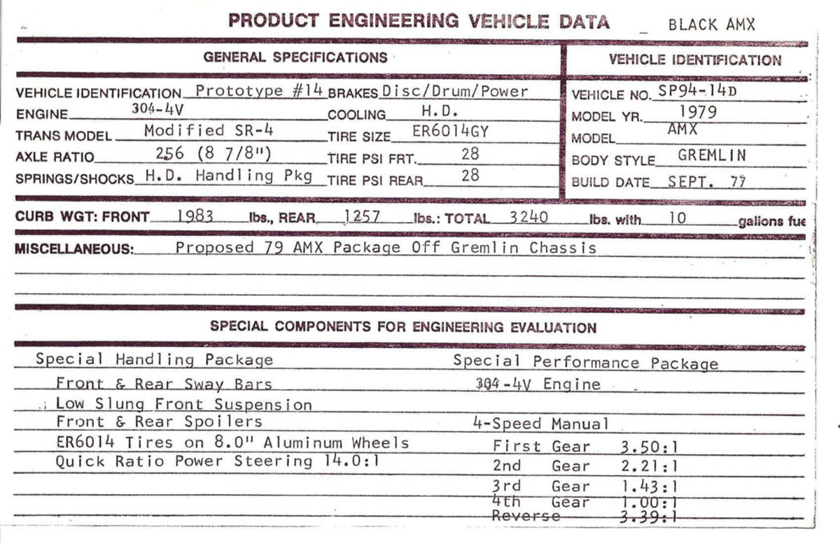 MX prototype owner Mike Smith retains heaps of paperwork on the car, including this sheet from AMC product engineering. He also has the logbook kept by AMC when the car was undergoing testing.