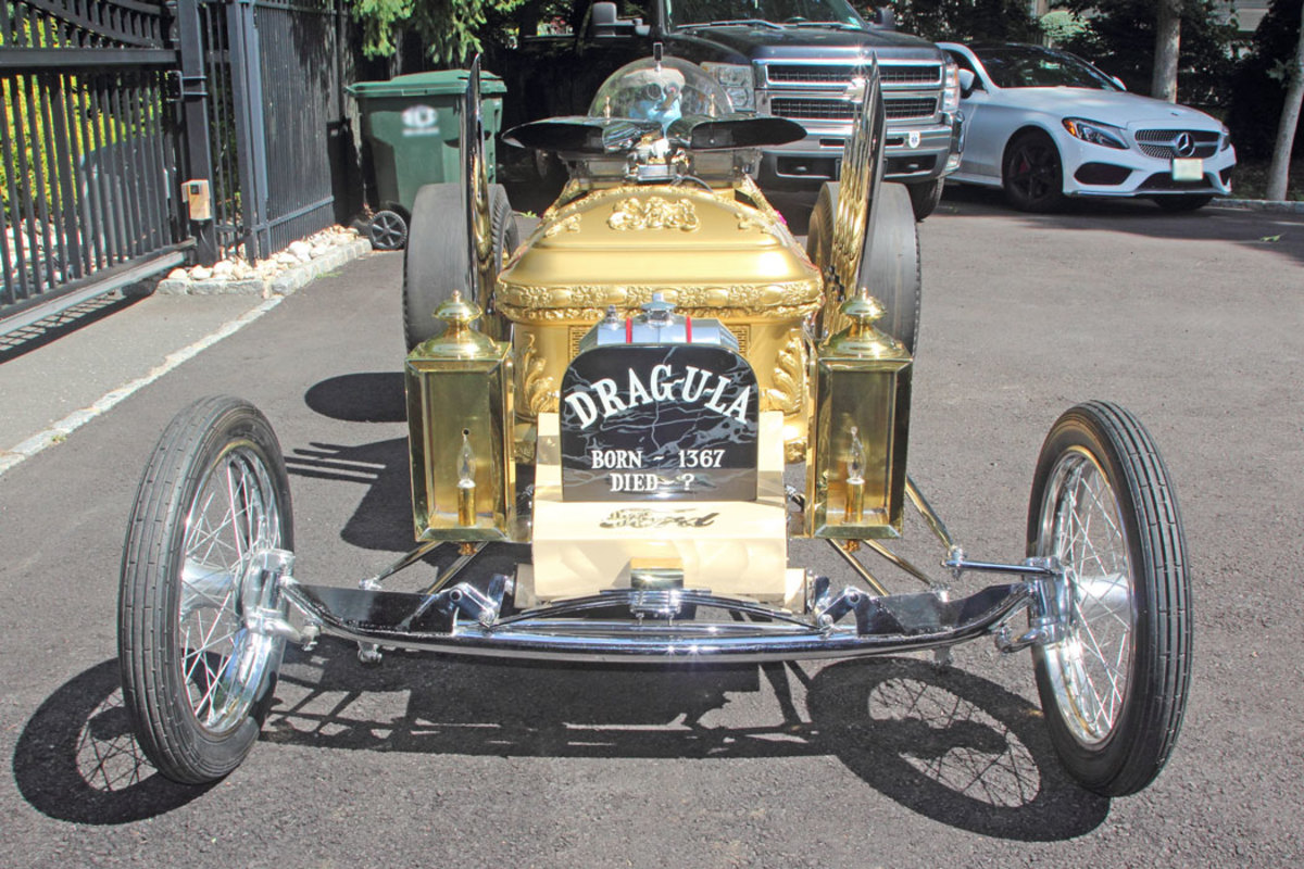 The front view of the # 1 car designed by Tom Daniel and built by the late George Barris sports a gravestone.