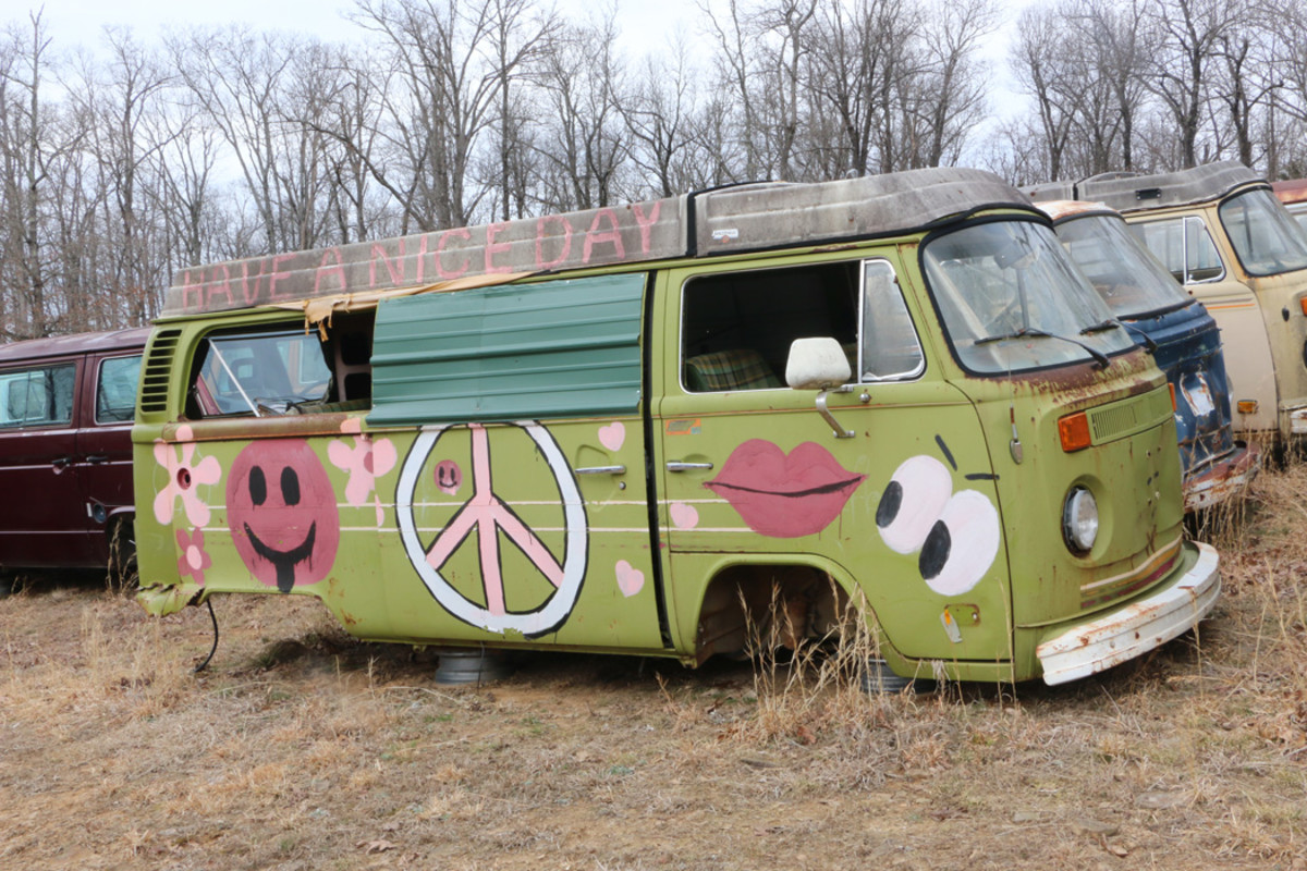 In the late ’60s and early ’70s, VW buses became popular with the hippie movement, because they were cheap to operate, easy to work on and big enough to live in. This Campmobile from the mid ’70s at Way Out Salvage has typical paint decorations of that era. All of the running gear has been removed.