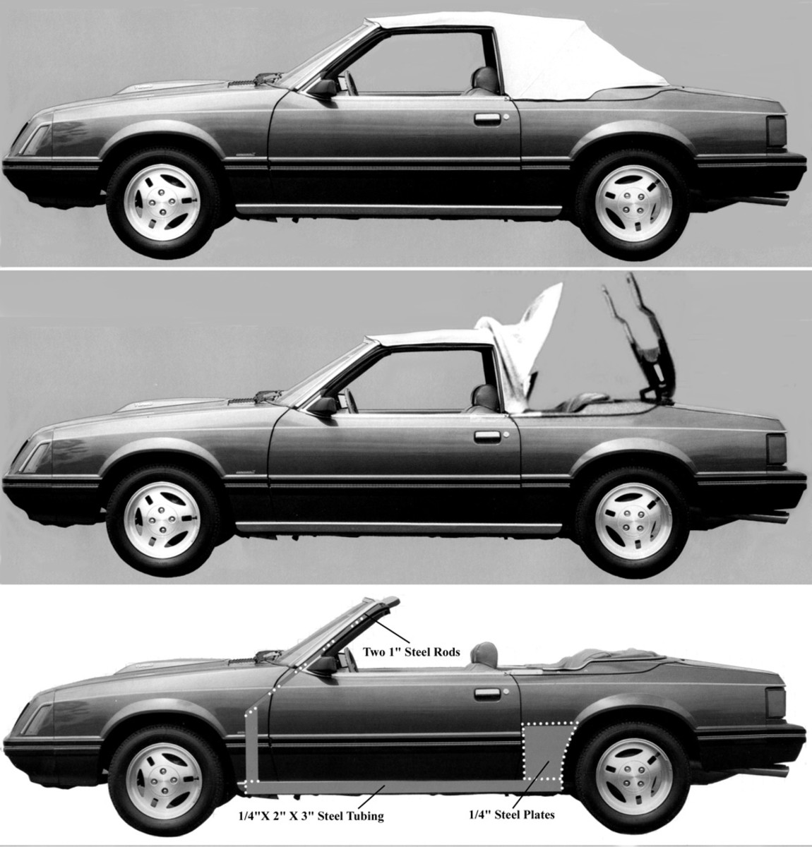 Shown are three stages to lowering the convertible top of a 1980-’82 Mustang CABRIO by Automobili Intermeccanica, and the hard hatch cover that hid the fabric roof. Pictured in the lower image are the subframe tubing and steel plate, plus steel rods inside the windshield frame, all of which added strength when converting a Mustang two-door coupe into a convertible.
