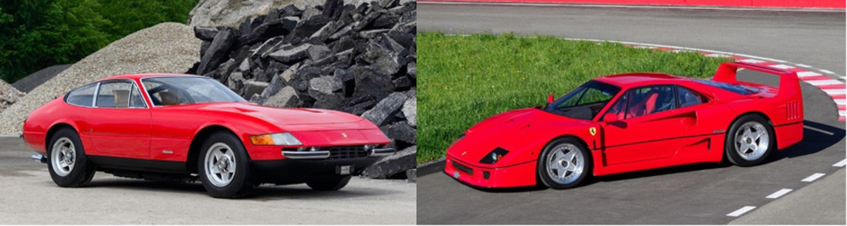 L-R, 1972 Ferrari 365 GTB/4 ‘Daytona’ Berlinetta and 1991 Ferrari F40