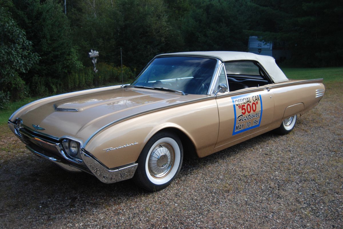 Tim Natarus owns this beautiful 1961 T-Bird Indy Pace Car. On these cars, white convertible tops set off a special shade of gold metallic paint.