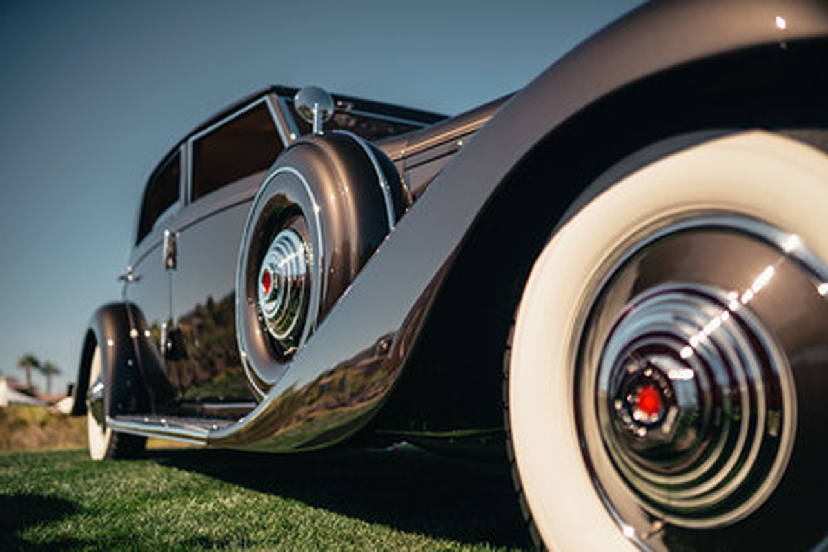 A 1935 Duesenberg JN Bojangles Sports Sedan from the collection of Rob Hilardes of Visalia, California, on display at the 2019 Las Vegas Concours d'Elegance. One of only three 1935 Duesenberg JN models produced, this car was originally owned by the famous dancer Bill "Bojangles" Robinson, who purchased it for roughly $17,000 in 1935.