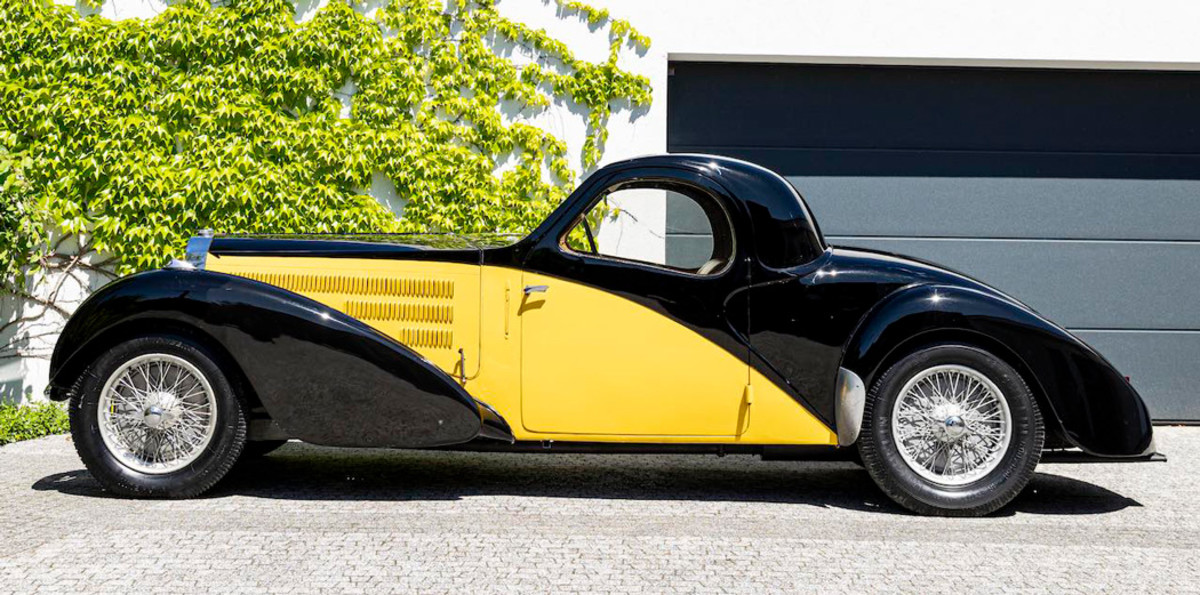 The 57C’s unmistakable art deco lines, designed by Jean Bugatti