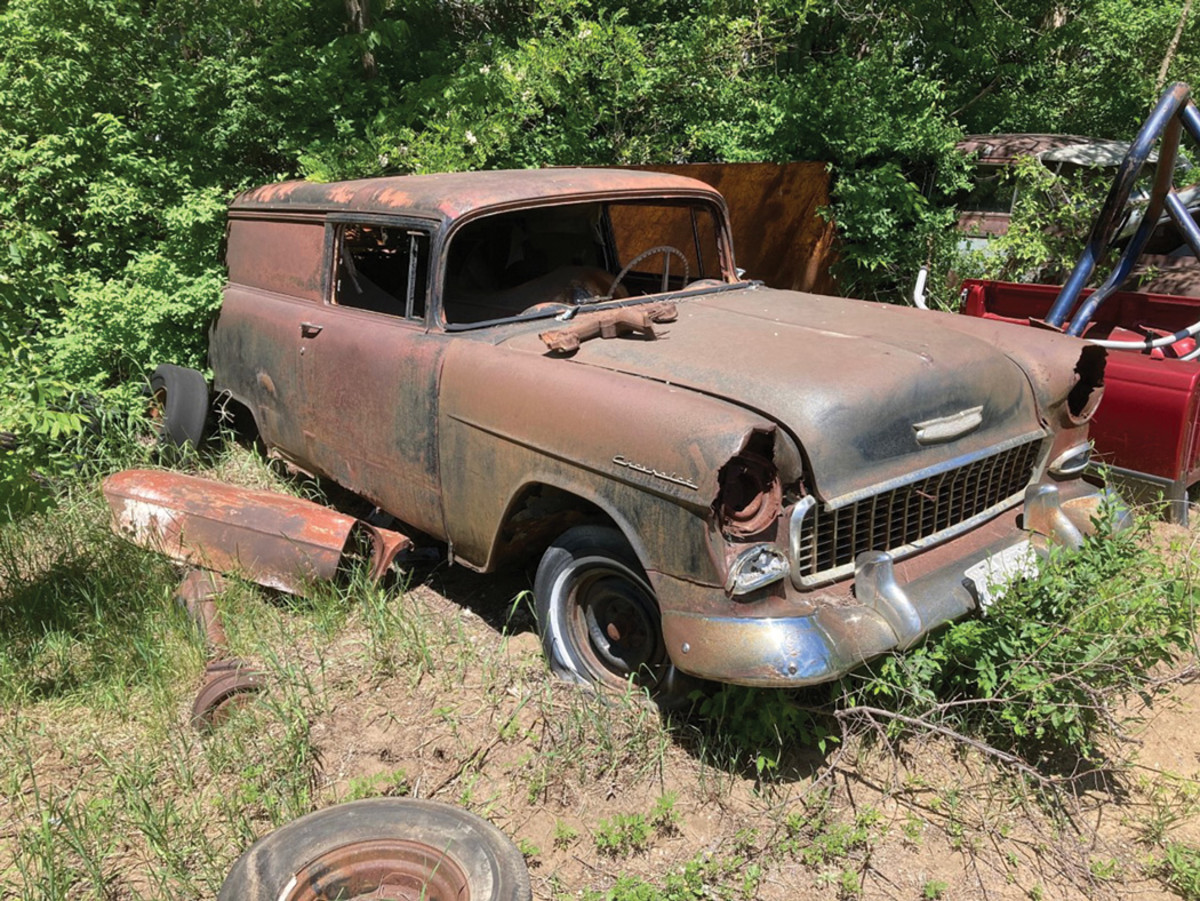 There are plenty of other 1955 Chevys in Reedsburg Salvage to donate needed replacement parts to help restore this One-Fifty sedan delivery.