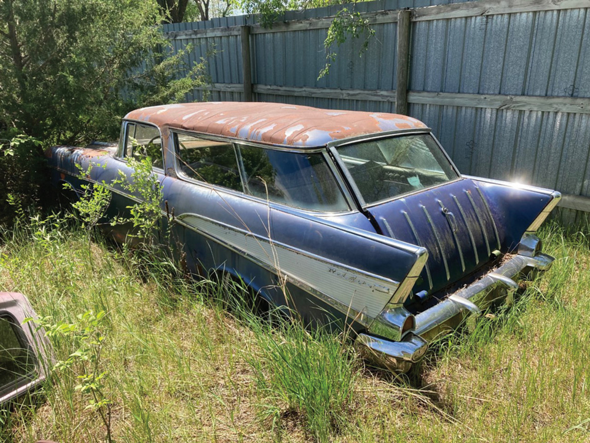 A “star car” at Reedsburg Salvage is this 1957 Chevrolet Bel Air Nomad; just 6,103 were built. The Nomad’s drivetrain has already been picked, and despite a dented roof, it could be saved, perhaps using the roof of a stripped 1955 Pontiac Safari also in the yard.
