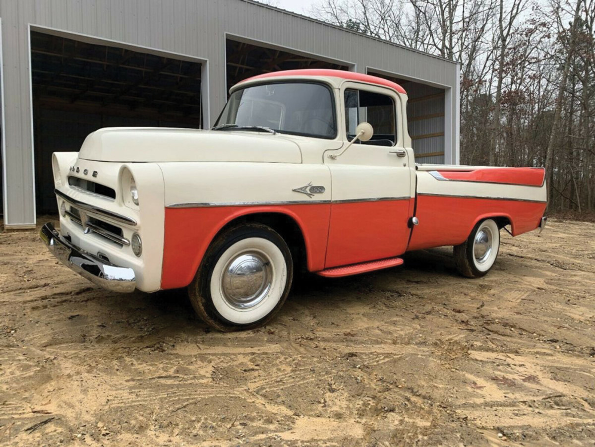 Few pickups get you noticed quicker than a Dodge Sweptside. The Glacier White and Tropical Coral color combinationscreams “Fab ’50s.”