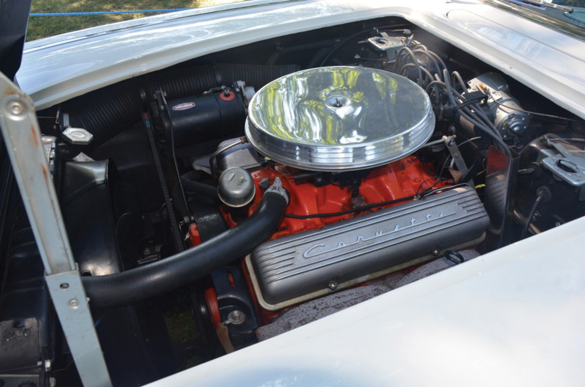 The Corvette’s 283-cid V-8 currently has a four-barrel carburetor, but Gillespie’s father had multiple carburetors for the car, and he suspects it may have originally been a two-four-barrel car.