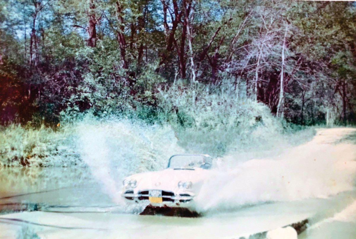 During 1968, an area of Green Bay now occupied by the Green Bay wildlife sanctuary flooded, and Gillespie’s father drove the 1960 Corvette through the over-run roads; the moment was dramatically captured in this photo.