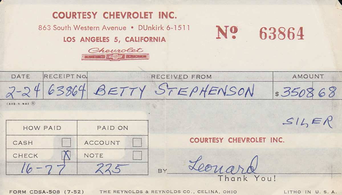 Payment receipt to Courtesy Chevrolet for the purchase of Jenny the Camaro.