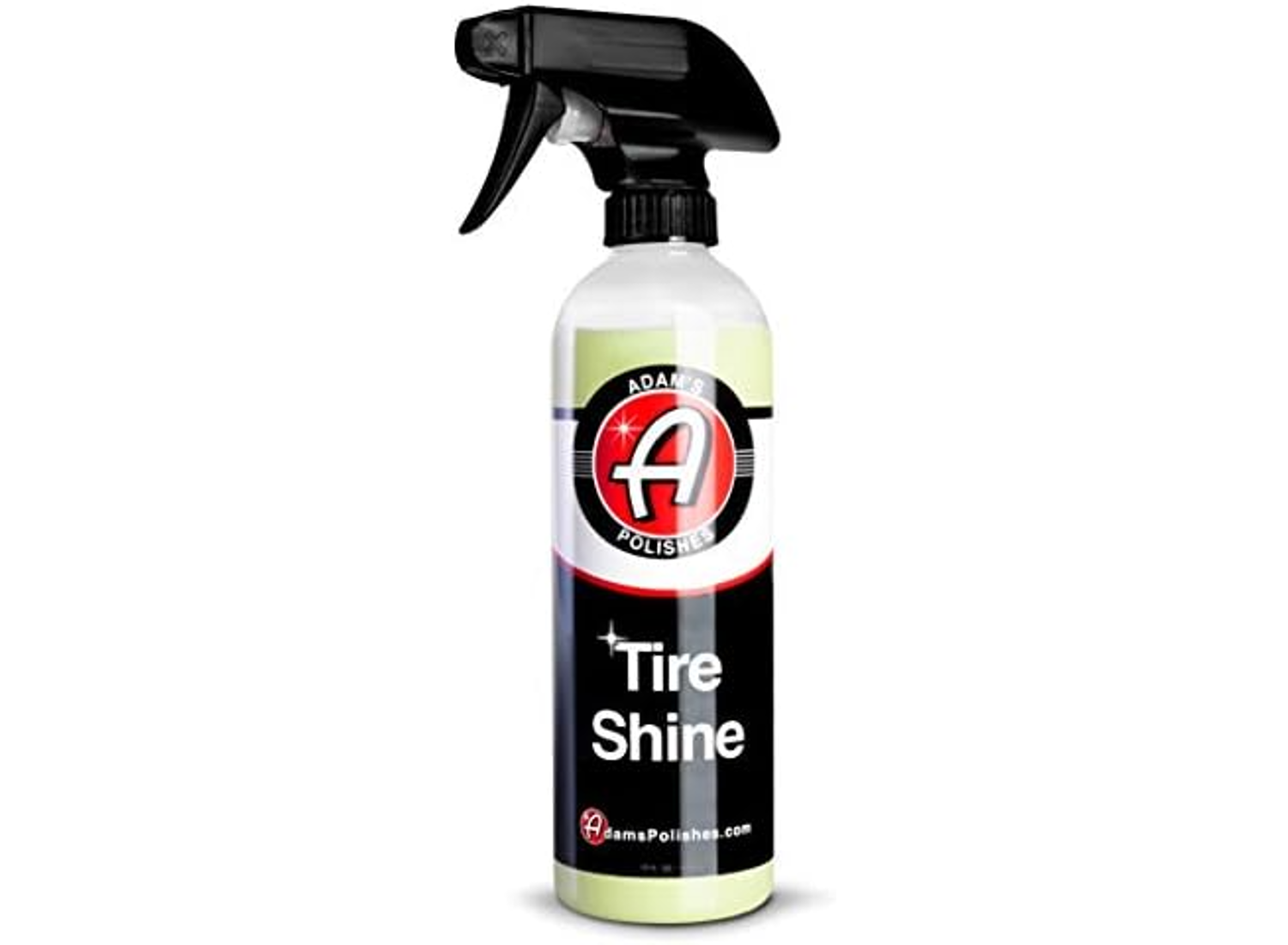 Black, red, and white bottle of spray tire shine on a white background.
