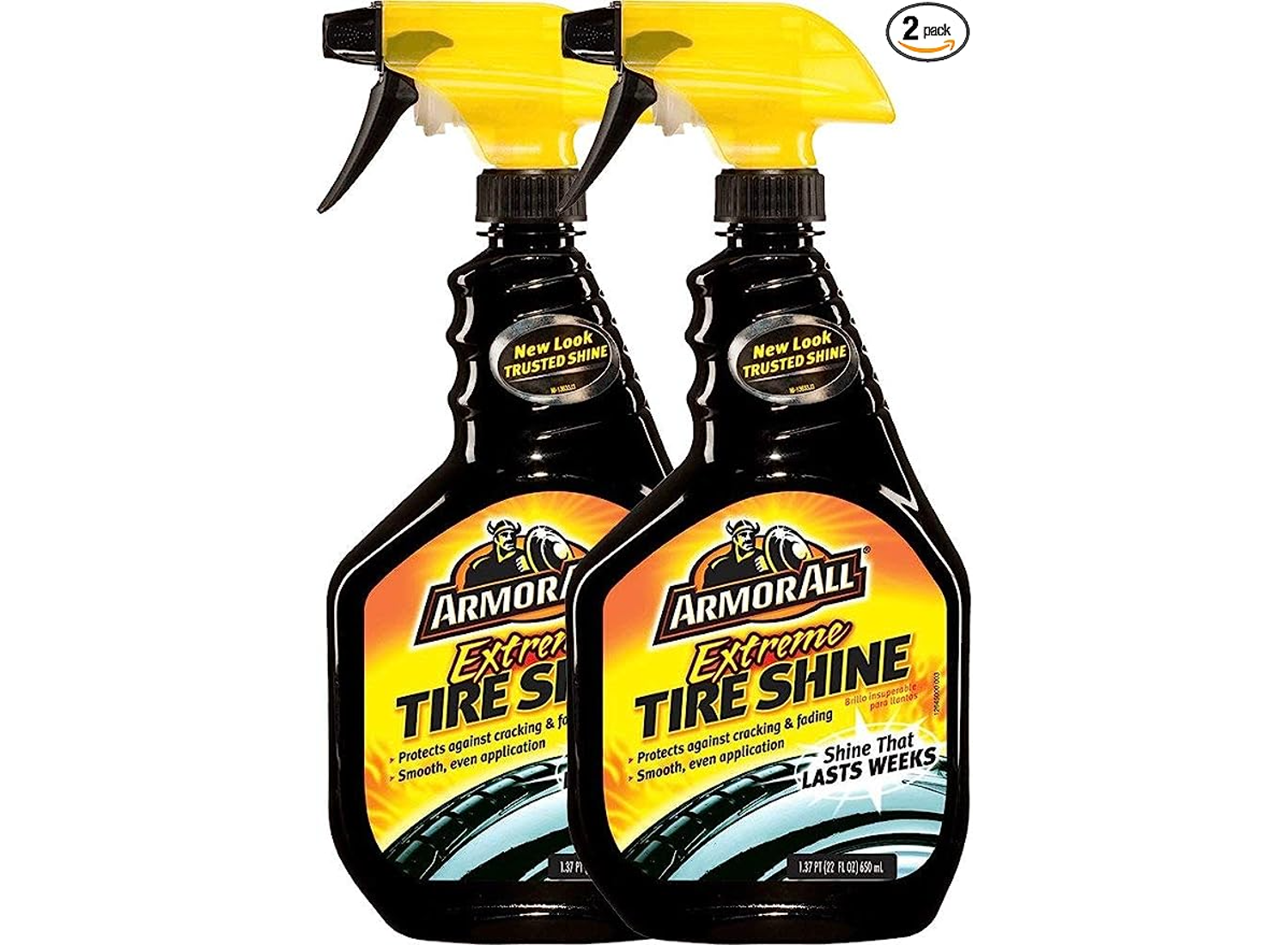 Two black bottles of spray tire shine on a white background.