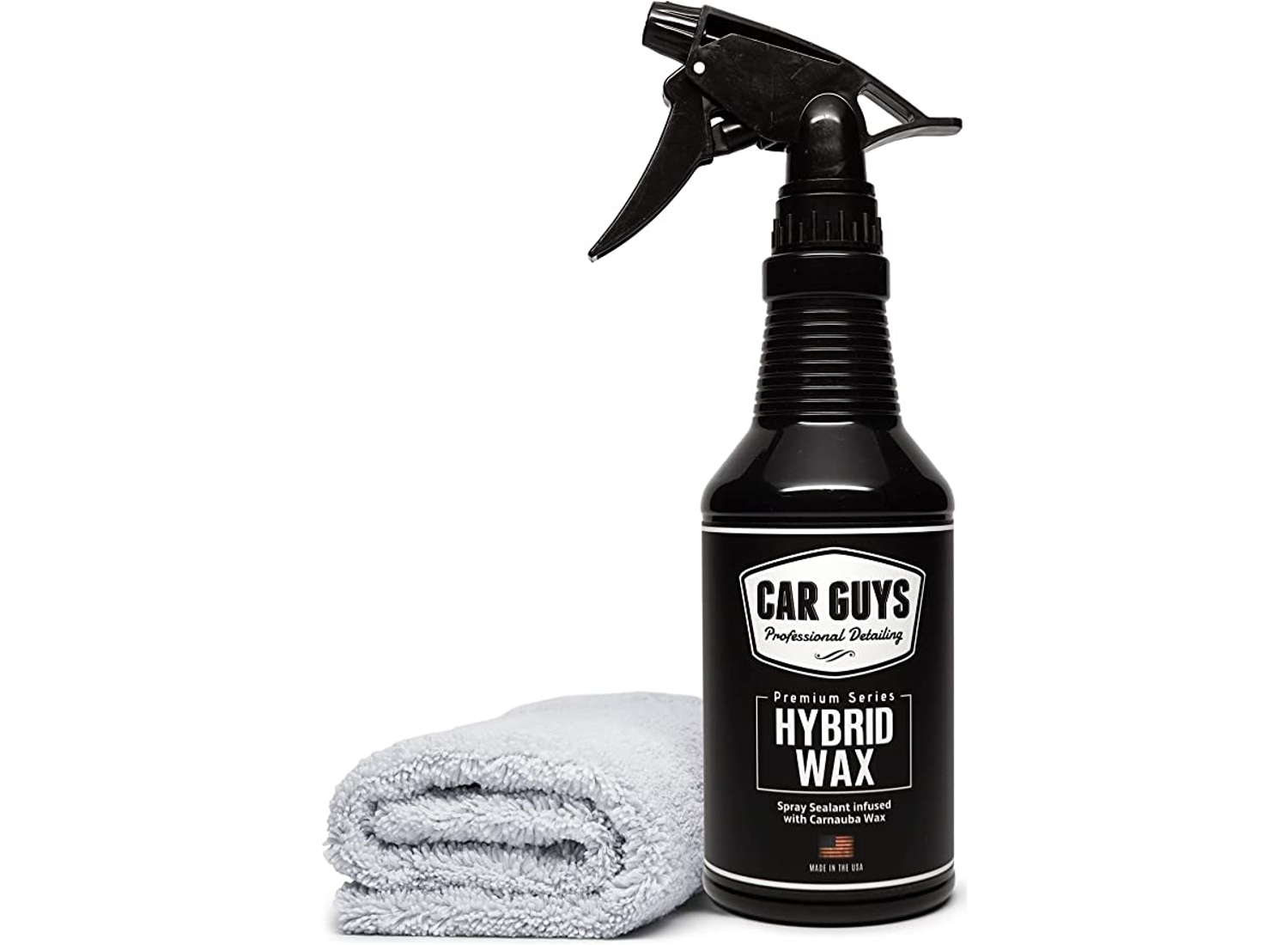 A black spray bottle of car guys car wax next to a microfiber cloth on a white background