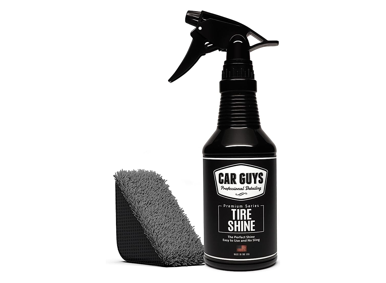 Black bottle of spray tire shine with a triangle shaped sponge