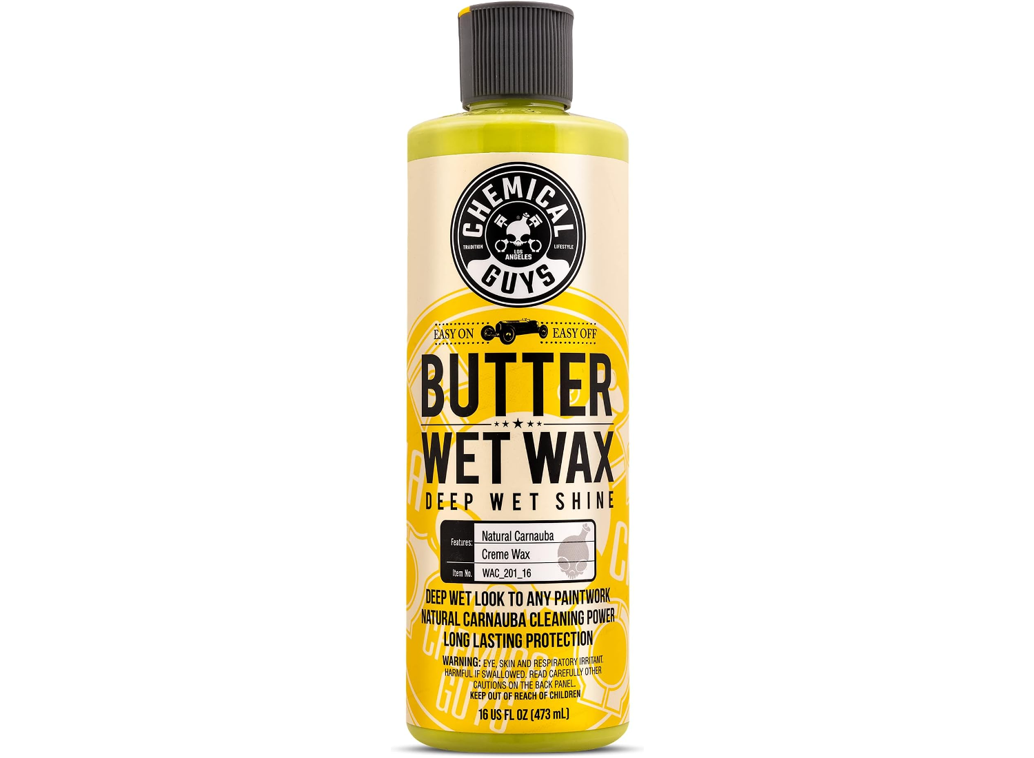 A yellow bottle with a black lid full of chemical guys butter car wax on a white background