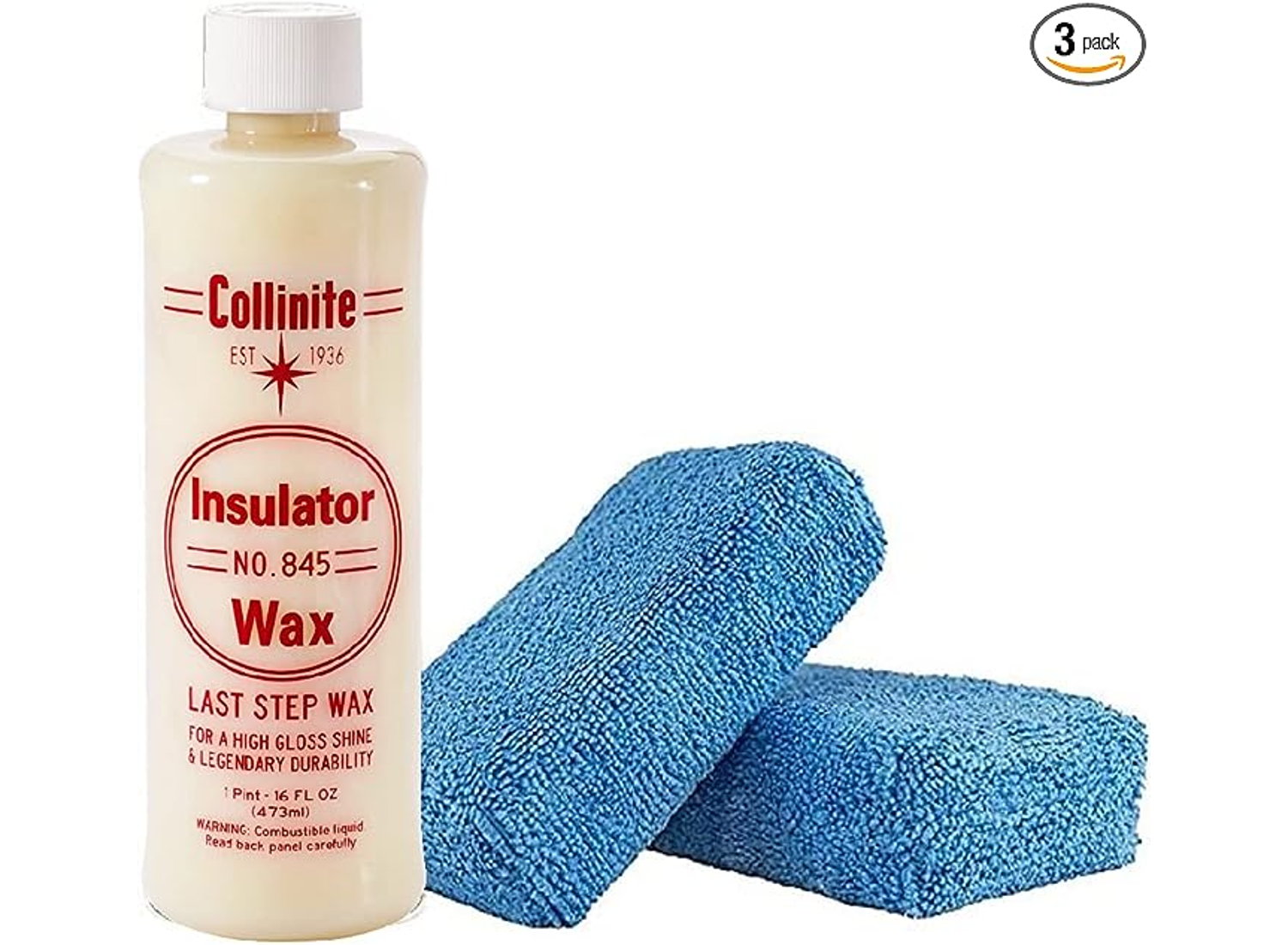 A see through bottle of cream colored collinite car wax next to two blue sponges on a white background