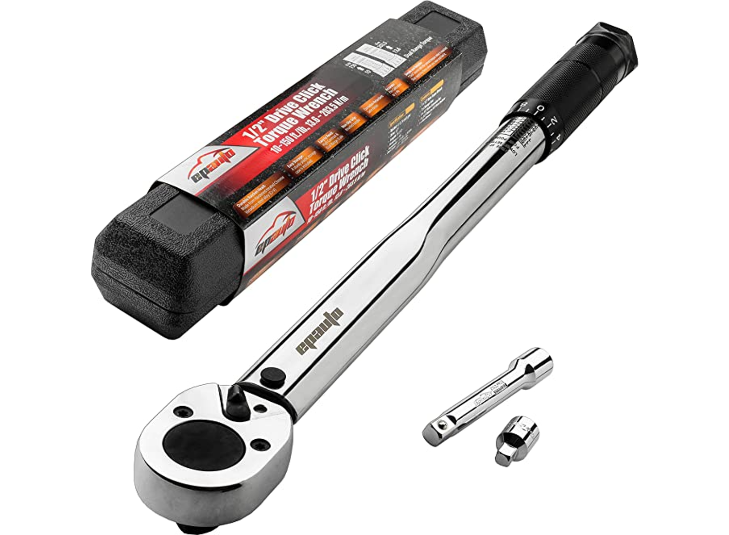 A silver torque wrench with a black grip handle next to its case and accessories