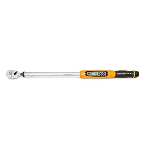 A slim digital torque wrench with a yellow and black handle that digitally shows the torque