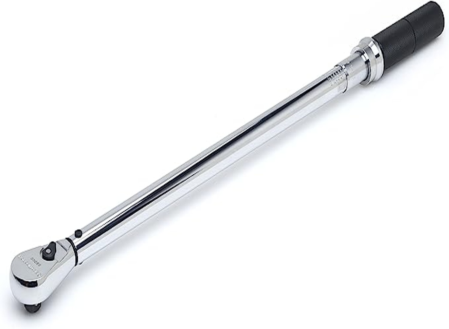 A thin silver torque wrench with a dark gray grip handle